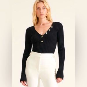 Veronica Beard Black Juliana Ribbed Henley Top